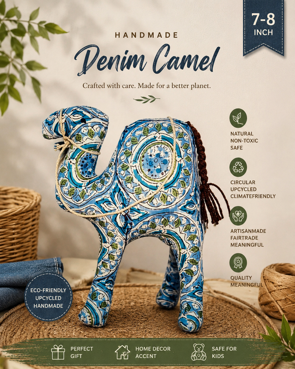 Handmade Fabric Camel Toy (8 Inch) | Artisan-Made Eco-Friendly Plush Camel