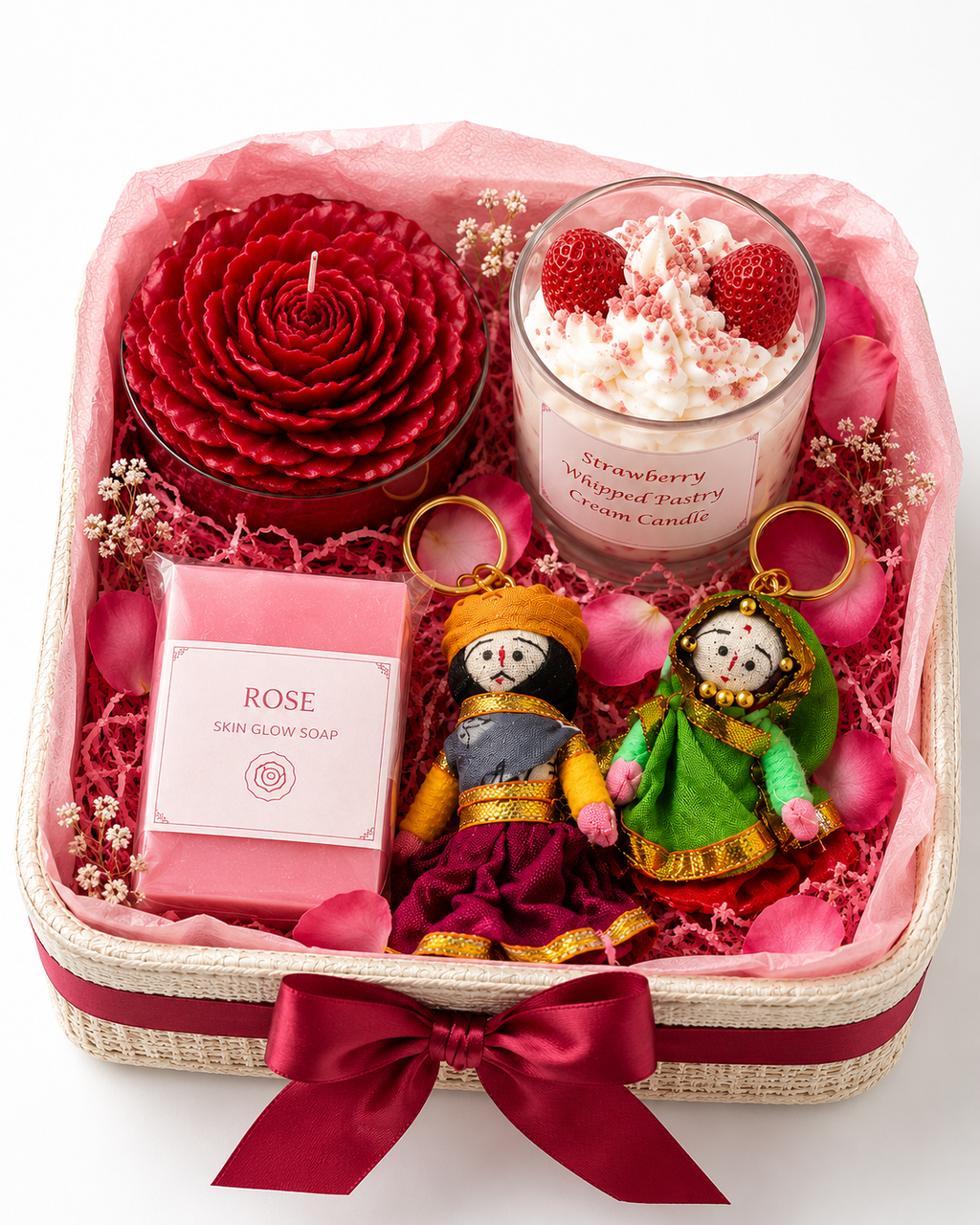 Rejuvinating Luxury Rose & Strawberry Gift Hamper | Candle, Soap & Keychain Gift Box