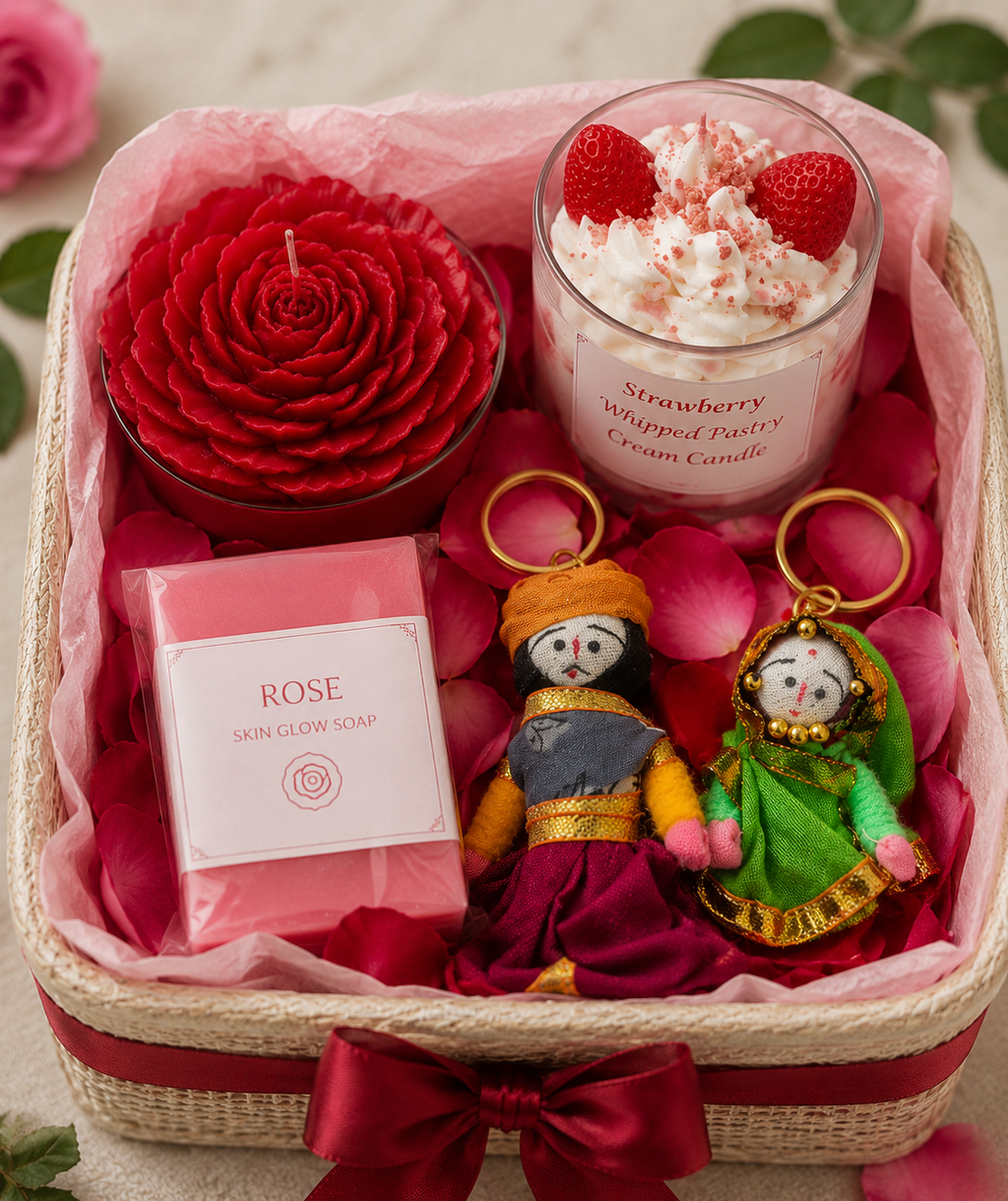 Rejuvinating Luxury Rose & Strawberry Gift Hamper | Candle, Soap & Keychain Gift Box
