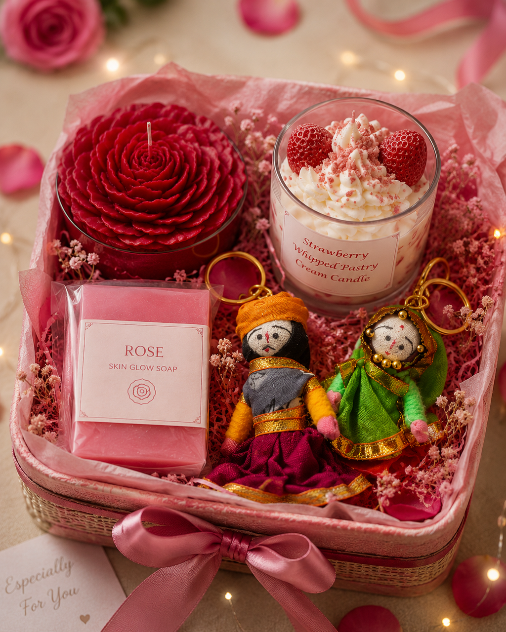 Rejuvinating Luxury Rose & Strawberry Gift Hamper | Candle, Soap & Keychain Gift Box