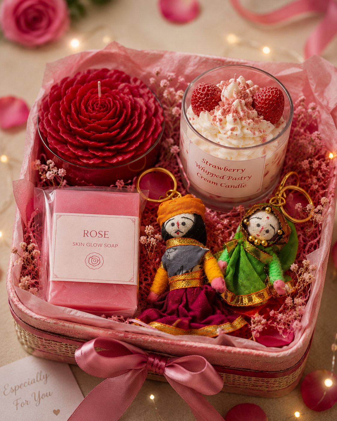 Rejuvinating Luxury Rose & Strawberry Gift Hamper | Candle, Soap & Keychain Gift Box