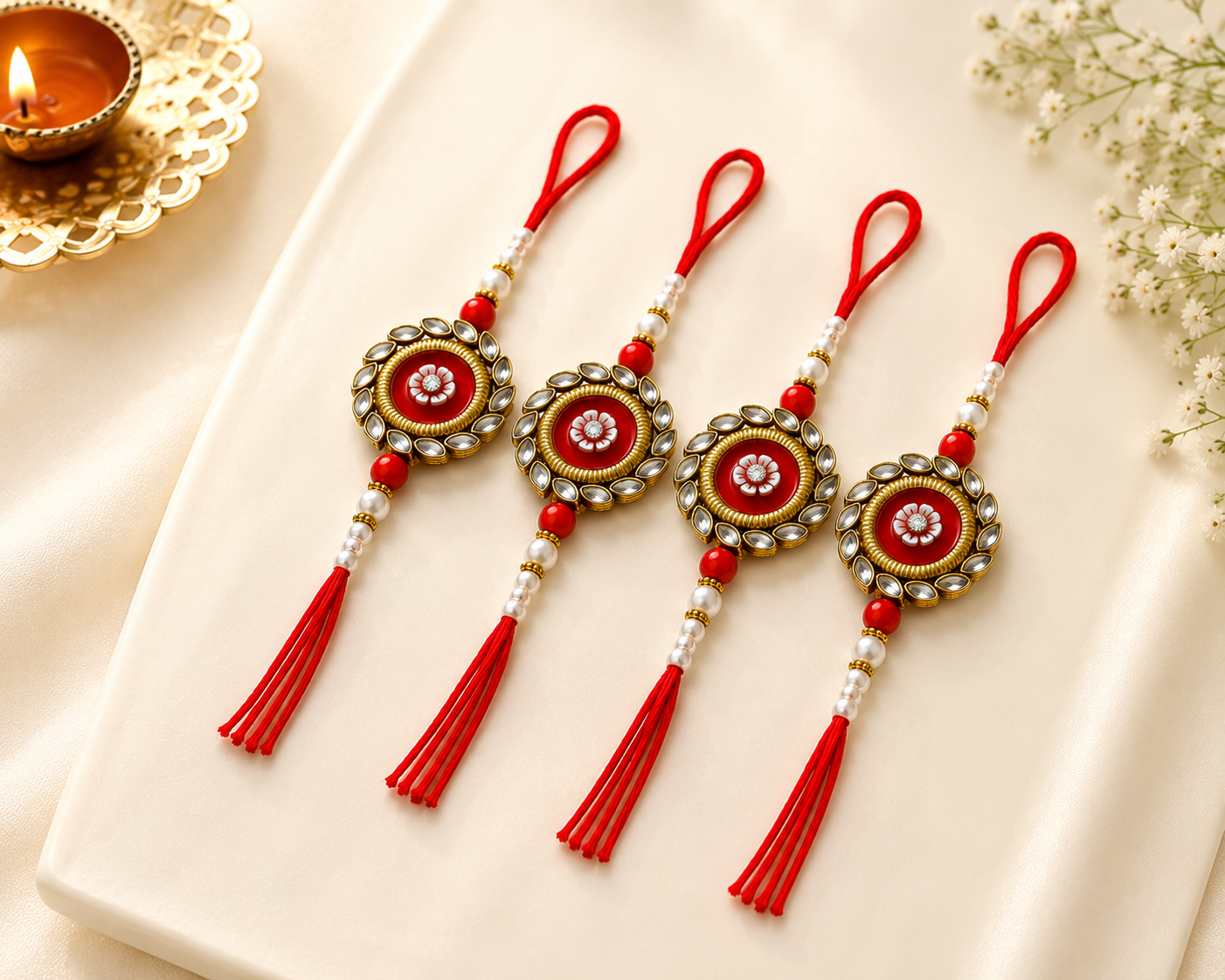 Kundan Tassel Rakhi — Set of 4