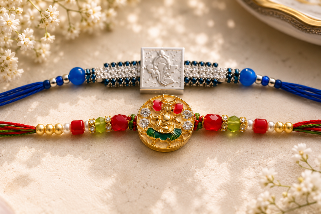 Premium Designer Rakhi Combo Set of 2 | Ganesh Rakhi & Fancy Rakhi